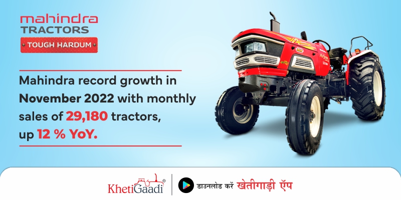 Mahindra record growth in November 2022 with monthly sales of 29,180 tractors  up 12 % YoY.