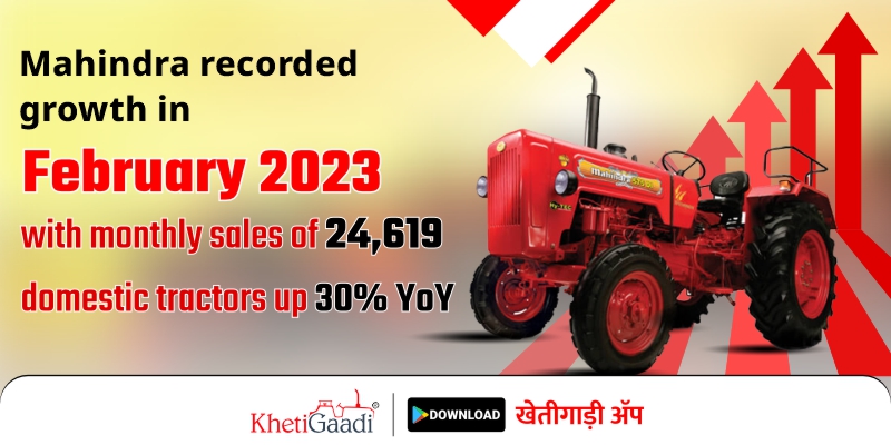 Mahindra recorded growth in February 2023 with monthly sales of 24,619 tractors up 30% YoY.