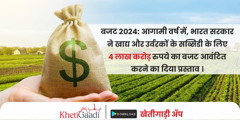 बजट 2024(Government Budget) : आगामी वर्ष में,  खाद्य और उर्वरकों के सब्सिडी के लिए 4 लाख करोड़ रुपये का बजट आवंटित करने का दिया प्रस्ताव ।
